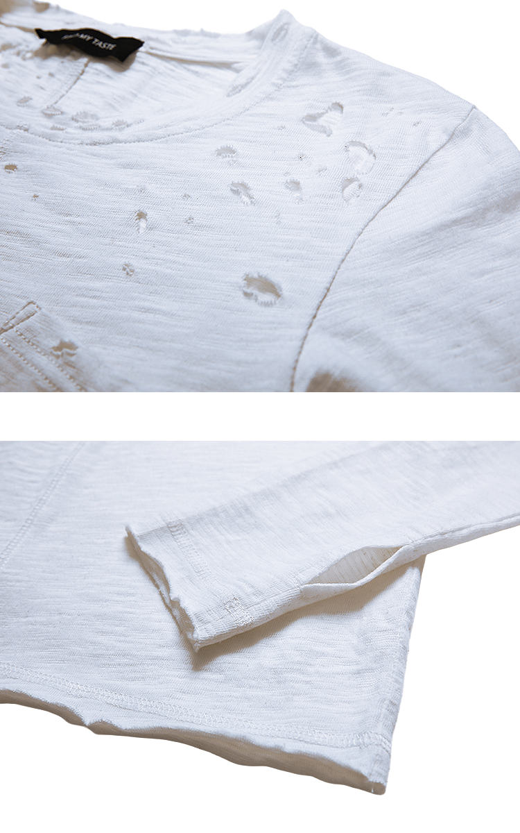 FMT-Distressed Vintage Wash Cotton Long Sleeve T-Shirt – Ripped Streetwear Tee